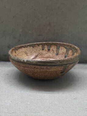 Handmade Textured Tan/Orangey Brown Pottery Bowl with Green Drippy Rim, Signed